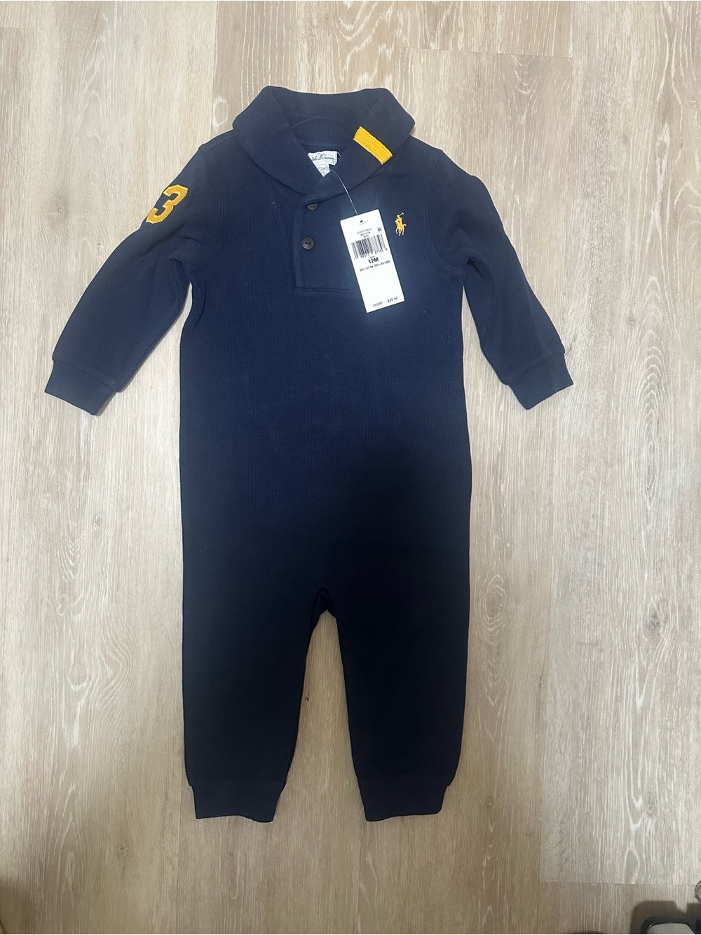 Polo Ralph Lauren Baby Navy Blue Coverall Romper Yellow Pony #3, Size 12 Months